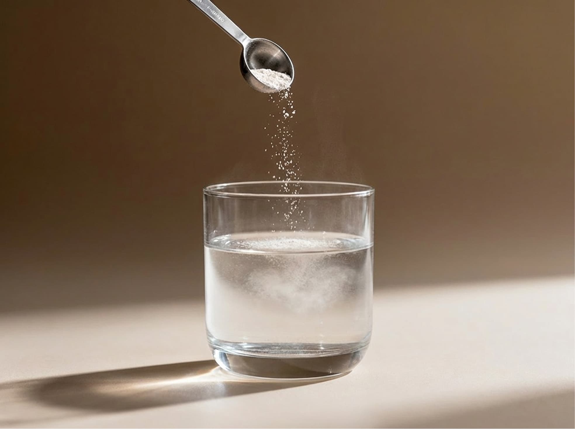 A spoonful of powder being put into a glass of water